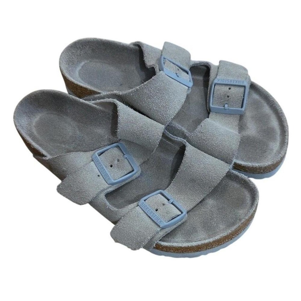 Arizona Soft Footbed Suede Leather Stone Coin Gray Sandal Slip On Boho Earthy 38
